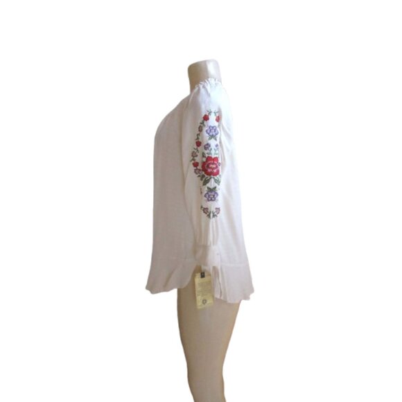 Democracy White Peasant Blouse w Floral Embroidered Sleeves & Tie Cuffs Medium - Picture 3 of 7